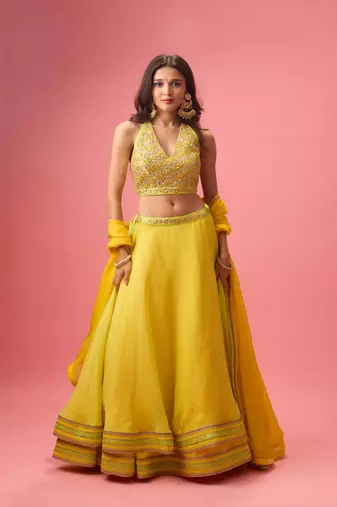 Yellow Organza Plain Lehenga With Embroidered Blouse