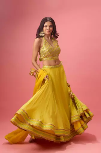 Yellow Organza Plain Lehenga With Embroidered Blouse