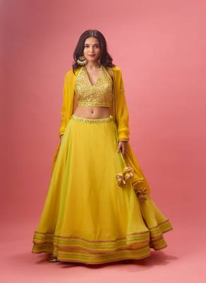 Yellow Organza Plain Lehenga With Embroidered Blouse 4