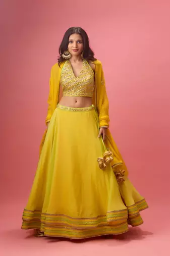 Yellow Organza Plain Lehenga With Embroidered Blouse