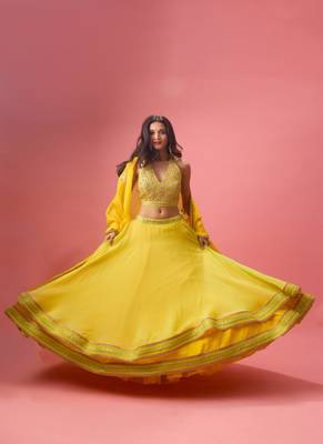 Yellow Organza Plain Lehenga With Embroidered Blouse 5