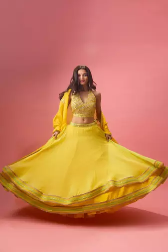 Yellow Organza Plain Lehenga With Embroidered Blouse