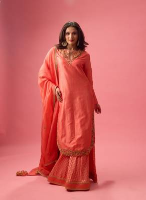 Rose Silk Plain Kurta Paired With Skirt And Dupatta 1