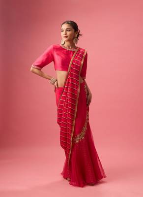 Pink Organza Plain Lehenga With Embroidered Blouse 2