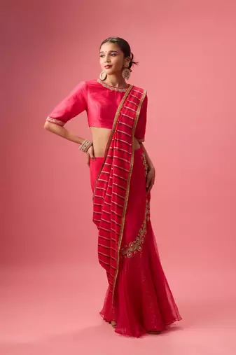 Pink Organza Plain Lehenga With Embroidered Blouse