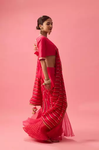Pink Organza Plain Lehenga With Embroidered Blouse