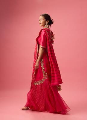 Pink Organza Plain Lehenga With Embroidered Blouse 4
