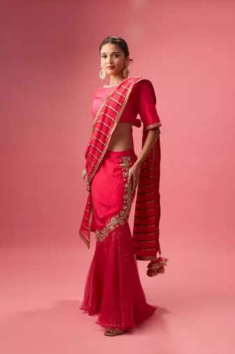 Pink Organza Plain Lehenga With Embroidered Blouse