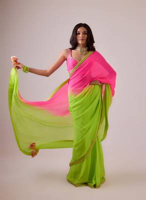Pink and green plain silk saree with ombre pallu and gota lace border 1