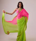 Pink and green plain silk saree with ombre pallu and gota lace border
