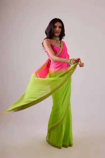 Pink and green plain silk saree with ombre pallu and gota lace border