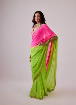 Pink and green plain silk saree with ombre pallu and gota lace border 3