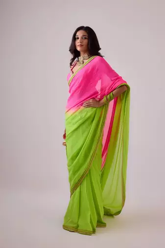Pink and green plain silk saree with ombre pallu and gota lace border