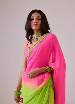 Pink and green plain silk saree with ombre pallu and gota lace border 4
