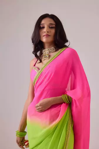 Pink and green plain silk saree with ombre pallu and gota lace border