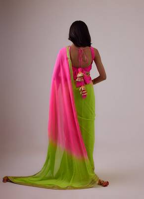 Pink and green plain silk saree with ombre pallu and gota lace border 5