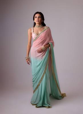 Pink and blue plain silk saree with ombre pallu and gota lace border 1