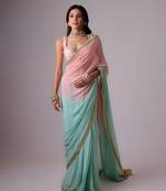 Pink and blue plain silk saree with ombre pallu and gota lace border