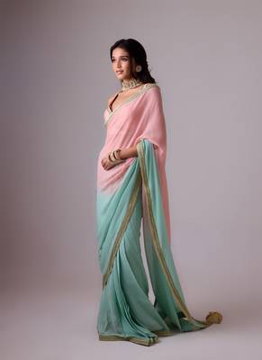 Pink and blue plain silk saree with ombre pallu and gota lace border 2