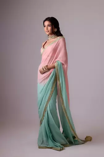 Pink and blue plain silk saree with ombre pallu and gota lace border