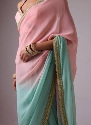 Pink and blue plain silk saree with ombre pallu and gota lace border 3