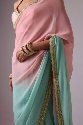 Pink and blue plain silk saree with ombre pallu and gota lace border