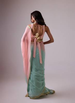 Pink and blue plain silk saree with ombre pallu and gota lace border 4