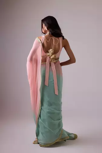 Pink and blue plain silk saree with ombre pallu and gota lace border