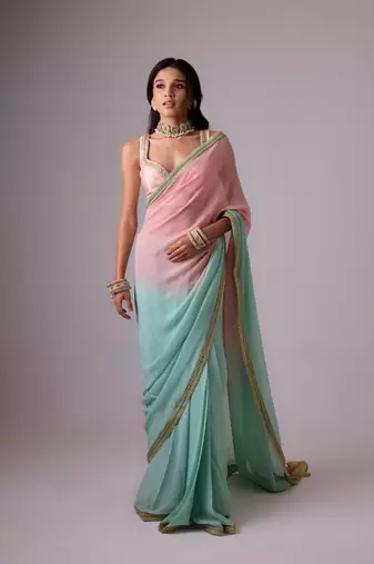 Pink and blue plain silk saree with ombre pallu and gota lace border