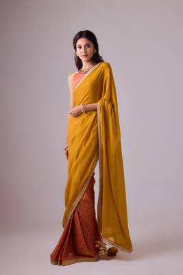 Yellow plain georgette saree with embroidered blouse 1