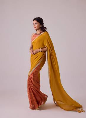 Yellow plain georgette saree with embroidered blouse 2