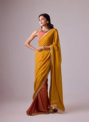Yellow plain georgette saree with embroidered blouse 3