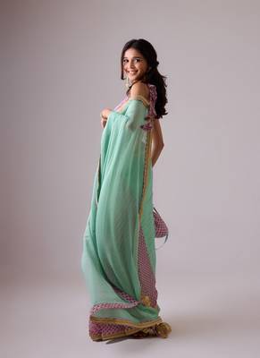 Blue plain georgette saree with coral gajjari printed pleats and embroidered blouse 2