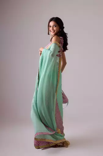 Blue plain georgette saree with coral gajjari printed pleats and embroidered blouse