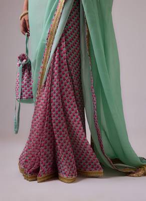 Blue plain georgette saree with coral gajjari printed pleats and embroidered blouse 3