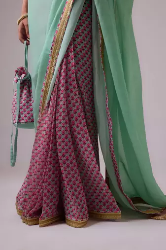 Blue plain georgette saree with coral gajjari printed pleats and embroidered blouse