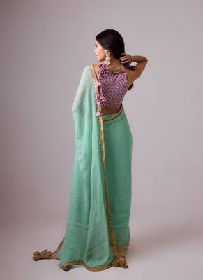 Blue plain georgette saree with coral gajjari printed pleats and embroidered blouse 4