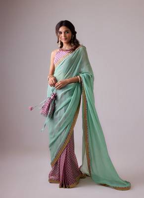 Blue plain georgette saree with coral gajjari printed pleats and embroidered blouse 5