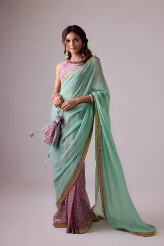 Blue plain georgette saree with coral gajjari printed pleats and embroidered blouse