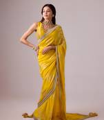 Yellow silk blend foil printed saree with gota work