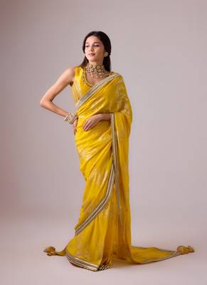 Yellow silk blend foil printed saree with gota work 2