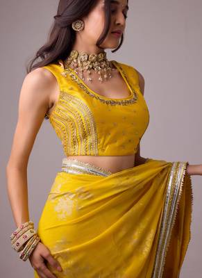 Yellow silk blend foil printed saree with gota work 3
