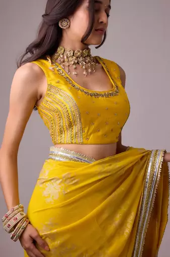 Yellow silk blend foil printed saree with gota work