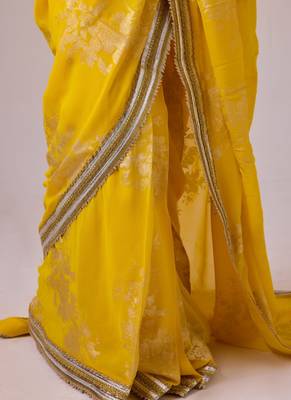 Yellow silk blend foil printed saree with gota work 4