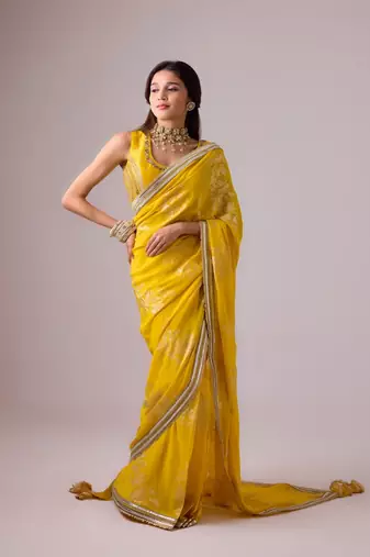 Yellow silk blend foil printed saree with gota work