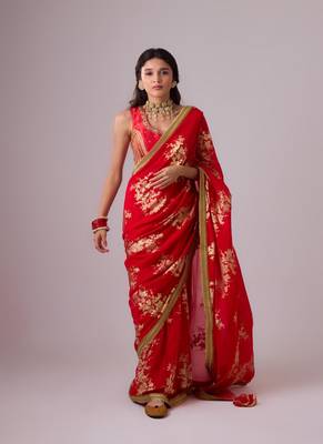 Red floral printed silk blend saree with embroidered blouse 1