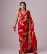 Red floral printed silk blend saree with embroidered blouse