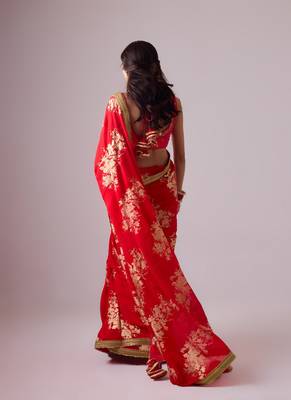 Red floral printed silk blend saree with embroidered blouse 2