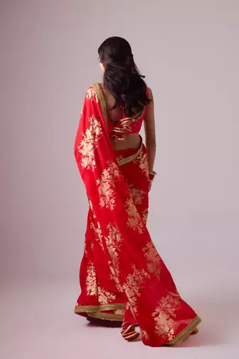 Red floral printed silk blend saree with embroidered blouse