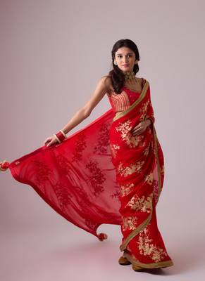 Red floral printed silk blend saree with embroidered blouse 3